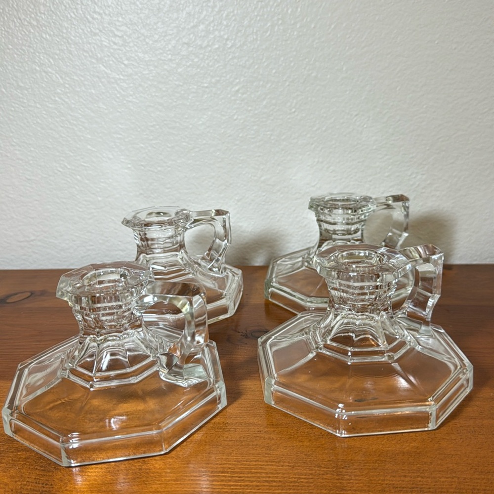 Vintage Glass Candle Holders with Handle Octagon Base Set of 4